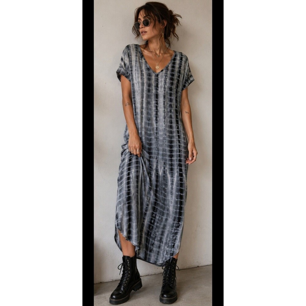 Gray Black Tie Dye Maxi T-Shirt Dress Relaxed Boho Grunge Size M Side Slit